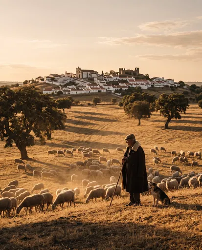 Shepherd Tending Sheep in Golden Alentejo Landscape