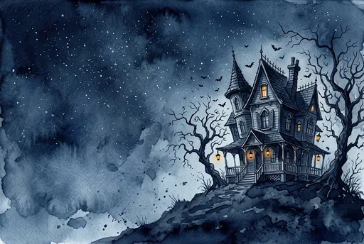 Watercolor Haunted Victorian Manor at Night