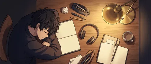Anime Student Sleeping at Cozy Desk