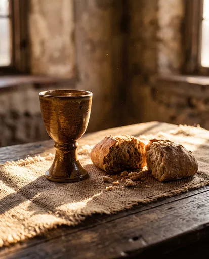 Rustic Ceramic Chalice and Broken Bread