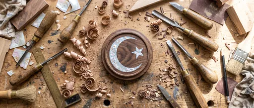 Wood Inlaid Islamic Crescent on Workbench