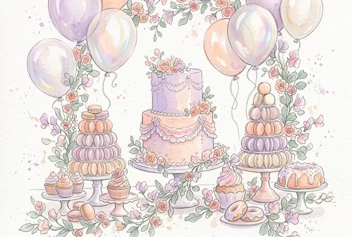 Pastel Watercolor Birthday Cake and Desserts Illustration