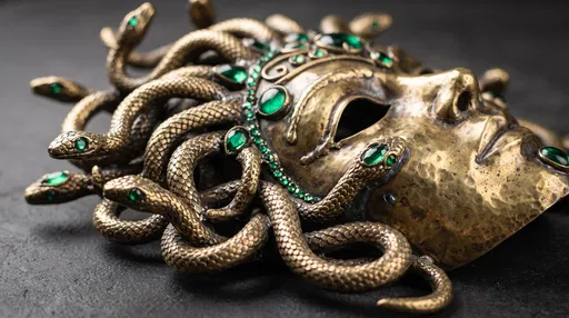 Hammered Brass Medusa Mask with Emerald Accents