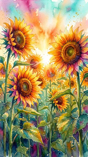 Vibrant Watercolor Sunflowers at Sunrise