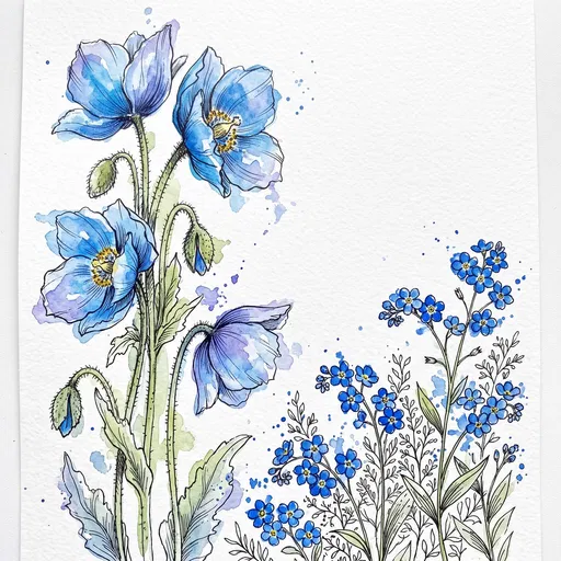 Blue Poppies and Forget-Me-Nots Watercolor Illustration