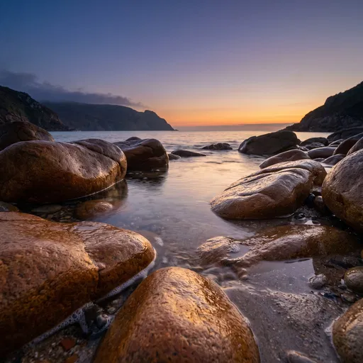 Wet Coastal Boulders at Twilight
