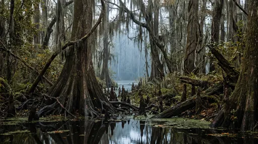 Misty Cypress Swamp With Moss