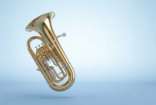 Floating Brass Tuba on Blue Background