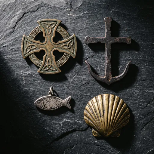 Antique Metal Christian Symbols on Dark Slate