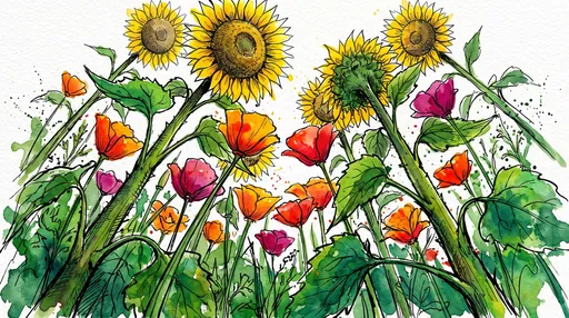 Watercolor and Ink Sunflowers and Poppies