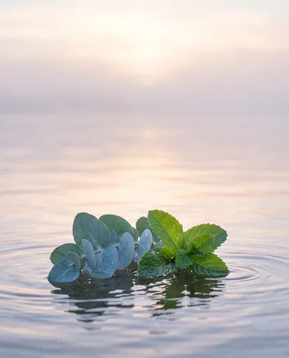 Eucalyptus and Mint Floating on Calm Water