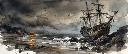 Watercolor Pirate Shipwreck on Rocky Coast