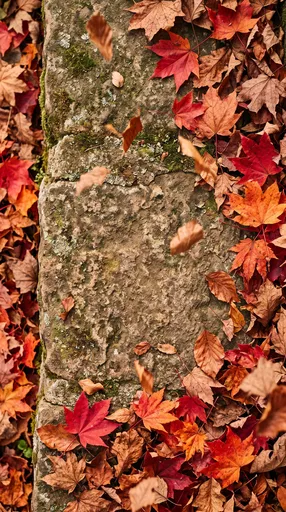 Autumn Maple Leaves On Mossy Stone Ledge