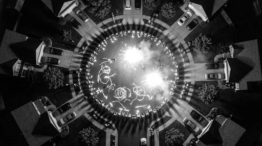 Aerial Monochrome Cul-de-Sac Fireworks Gathering