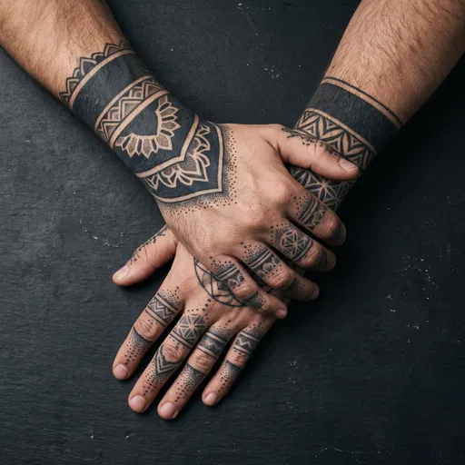 Overhead Shot of Tattooed Crossed Male Hands