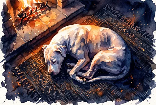 Watercolor Dog Sleeping by Glowing Fireplace