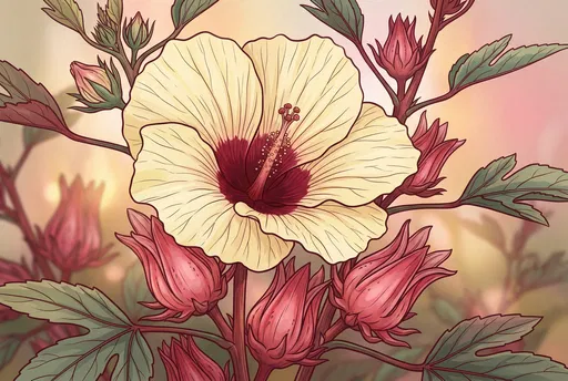 Blooming Roselle Hibiscus Botanical Illustration