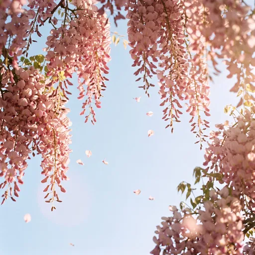 Pink Wisteria Blossoms Against Blue Sky
