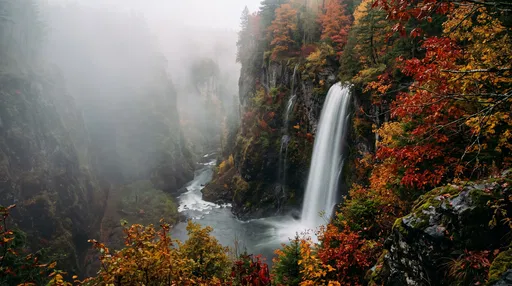 Misty Autumn Canyon Waterfall Landscape