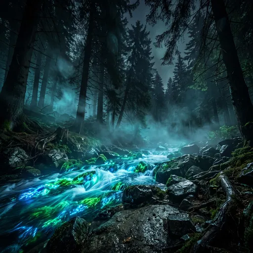 Bioluminescent Stream in Dark Misty Pine Forest