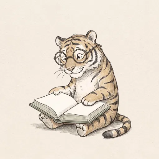Cartoon Tiger Wearing Glasses Reading a Book
