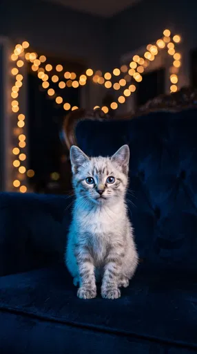 Lynx Point Kitten on Navy Velvet Armchair