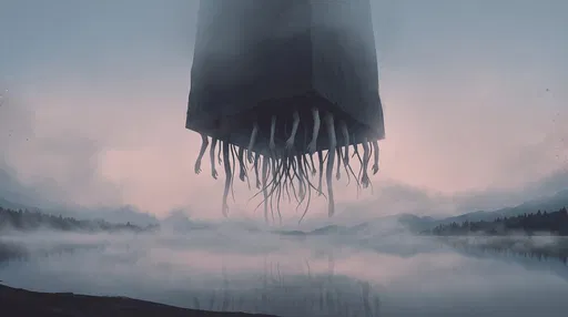 Monolith Creature Over Misty Lake