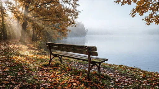 Wooden Bench by Misty Autumn Lake