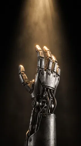 Steel Mechanical Hand Reaching Toward Light