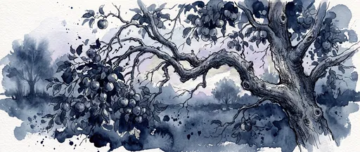 Indigo Watercolor Apple Tree Branch