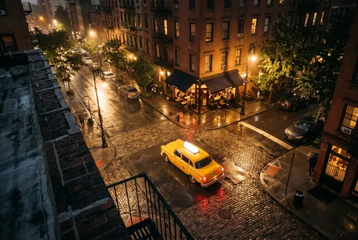 Rainy Night Intersection with Classic Yellow Taxi