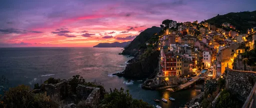 Colorful Coastal Cliffside Village at Sunset