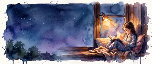 Watercolor Girl Reading by Night Window