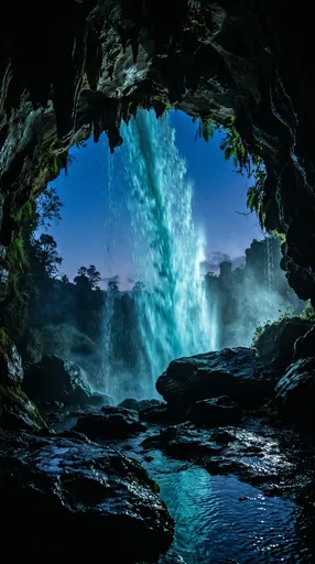 Glowing Waterfall Viewed From Dark Cave