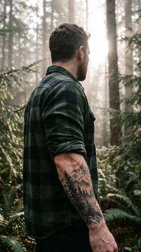 Man With Forest Forearm Tattoo in Woods