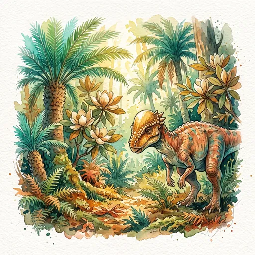 Watercolor Pachycephalosaurus in Prehistoric Jungle