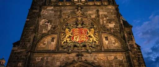 Gilded Coat of Arms on Stone Tower