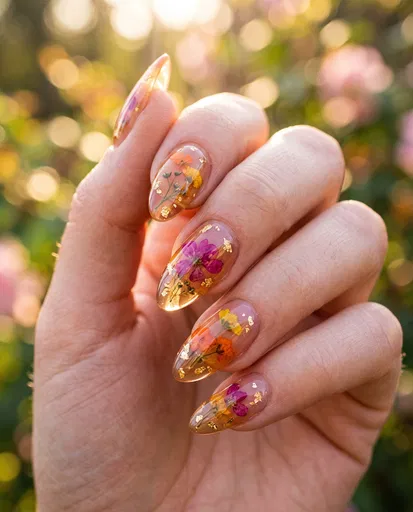 Translucent Floral Jelly Almond Nails