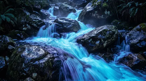 Glowing Cyan Mountain Stream Cascade