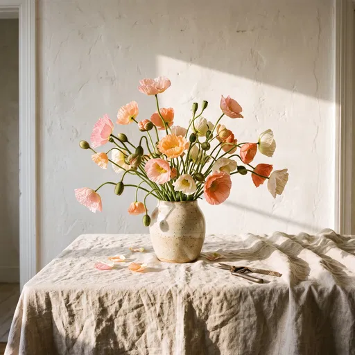 Pastel Poppies in Ceramic Vase in Sunlight