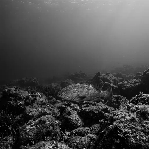Monochrome Grouper Swimming Over Rocky Seabed