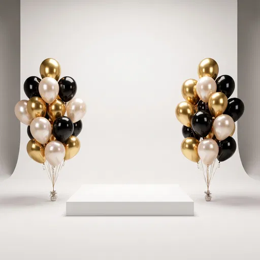 White Studio Stage With Gold And Black Balloons