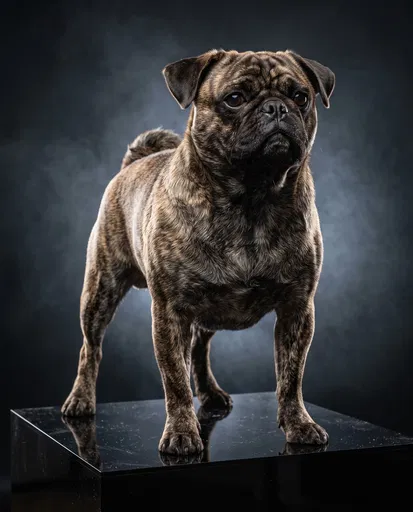Brindle Pug Standing on Black Pedestal