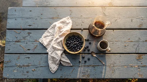 Blueberries and Coffee on Rustic Picnic Table