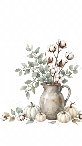 Watercolor Pitcher With Cotton and White Pumpkins