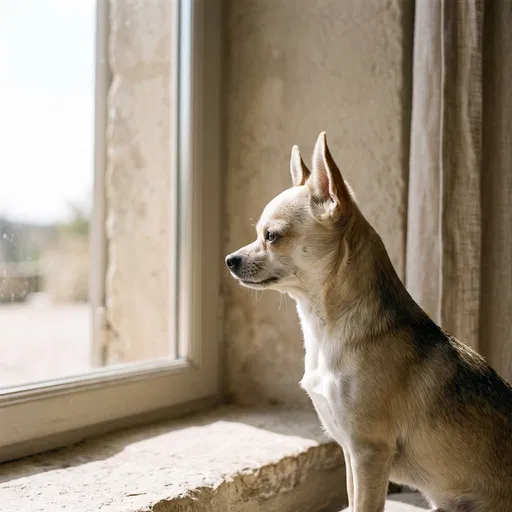 Chihuahua Looking Out Sunlit Stone Window