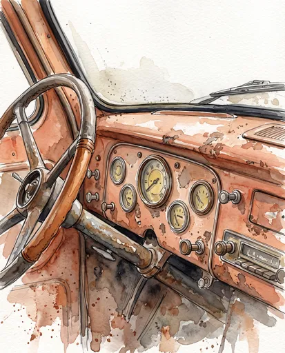 Watercolor Vintage Truck Dashboard Illustration