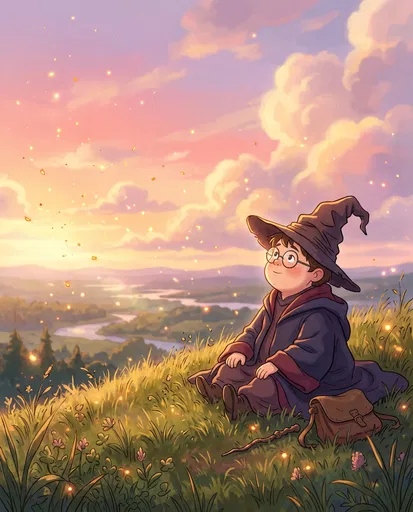Young Wizard Boy on Hilltop at Sunset