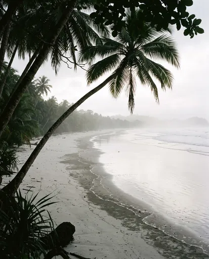 Misty Tropical Beach With Leaning Palms