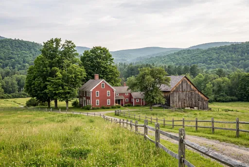 Red Farmhouse and Barn in Green Valley